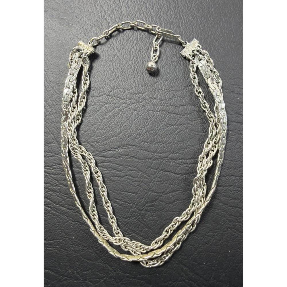 Vtg MCM 1950s Trifari 3 Strand Chain Choker Necklace Textured Silver Tone Retro
